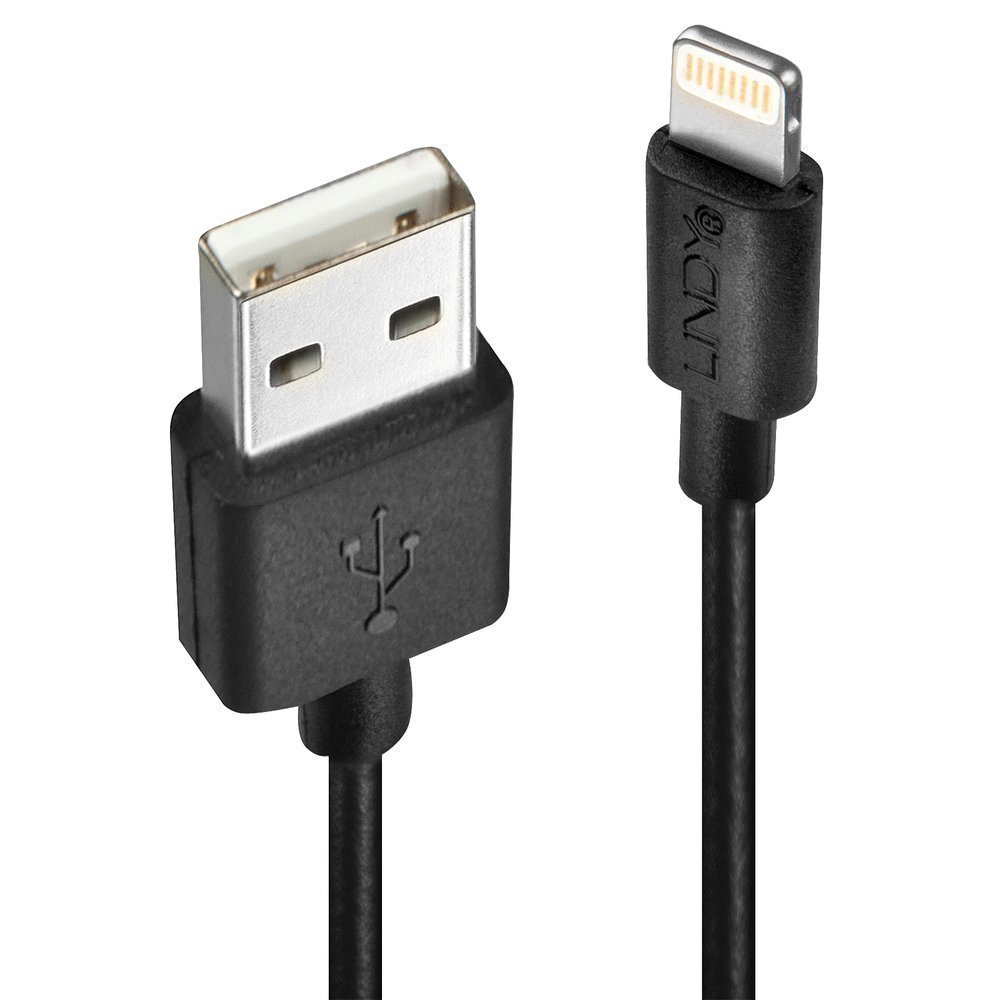 Kurzes schwarzes Lindy USB an Lightning Kabel, 0.5m