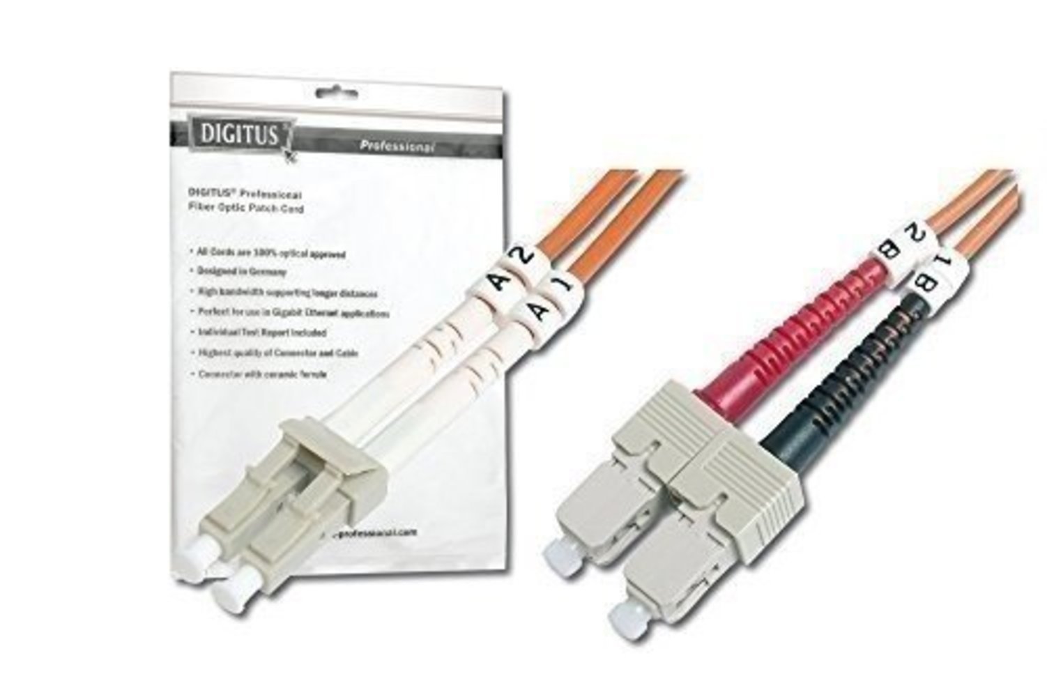 DIGITUS LWL Patchkabel LC/SC 50/125um 2m Multimode Duplex Halogenfrei bis 1Gbit mit Messprotokoll orange OM2