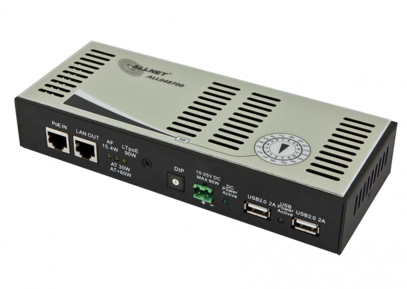 ALLNET ALL048700 - Hochleistungs-Splitter HPoE 90W mit 10-25V und 2x USB 2.0 je 10
