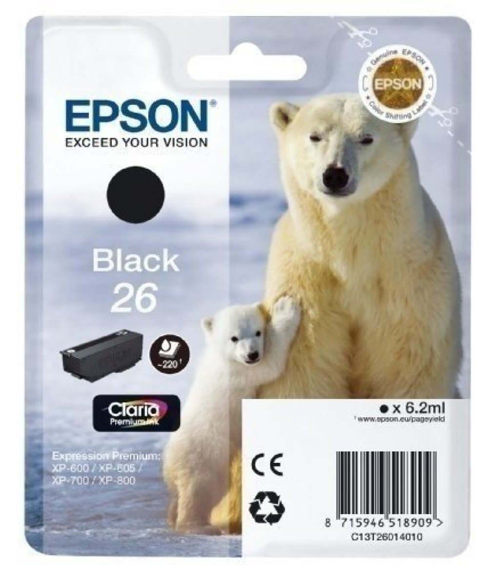 EPSON 26 Tinte schwarz Standardkapazität 6.2ml 220 Seiten 1-pack blister ohne Alarm